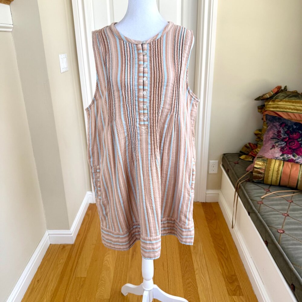 Faherty Dress Organic Cotton Stiped Sleeveless Tan Blue Multi Plus (XXL) - Picture 3 of 11